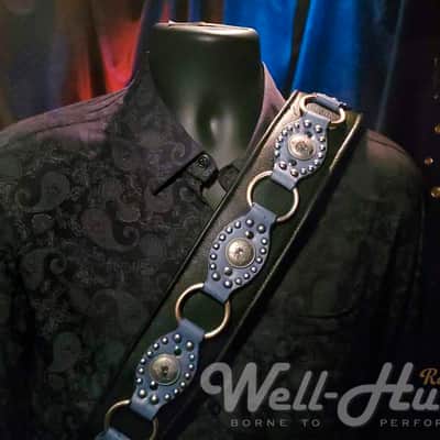 Well-Hung No Prisoners "Blue Steel"  3" wide padded black leather guitar strap with studded feature image 1