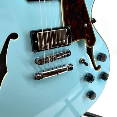 D'Angelico Premier DC Semi-Hollow with Stop-Bar Tailpiece 2021 - Sky Blue with D'Angelico Gig Bag image 6