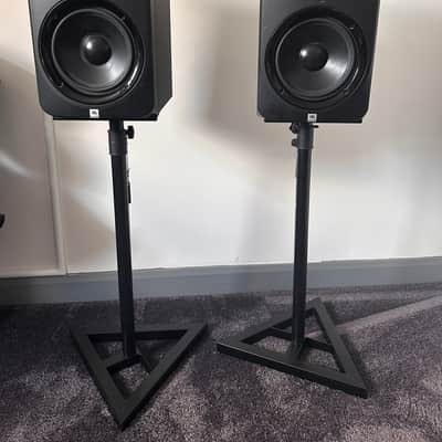 Title: JBL LSR308 Active Studio Monitor Speakers Pair + 2 Metal Stands image 1