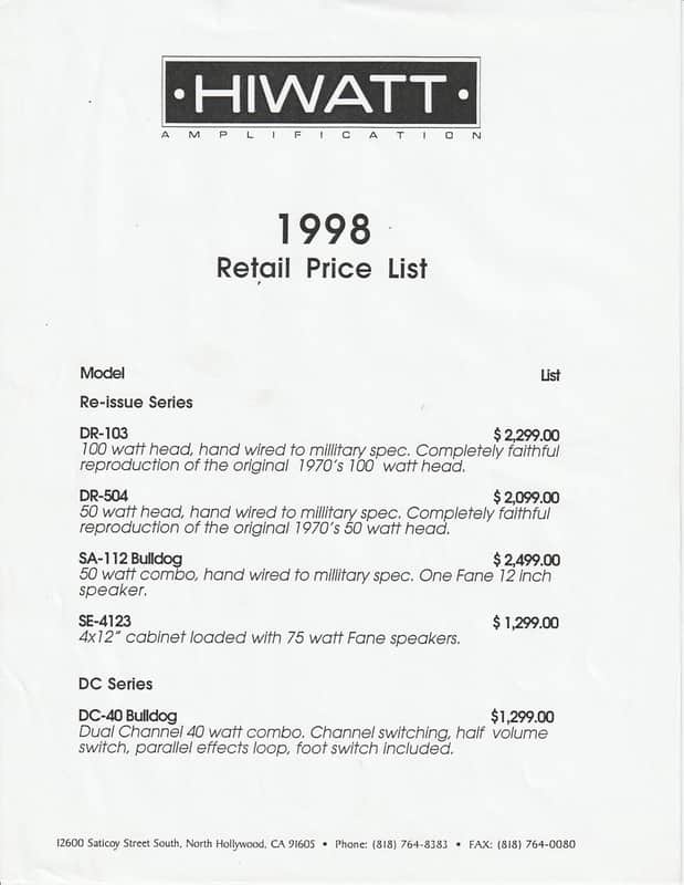 Hiwatt -1998 Retail Price List image 1
