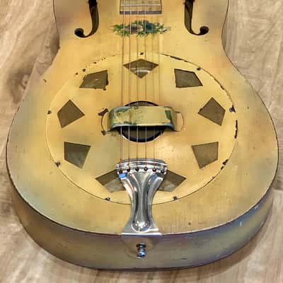 National Triolian "Anemone Bouquet" 1928 Yellow, very early wood body Tricone resonator guitar. image 9