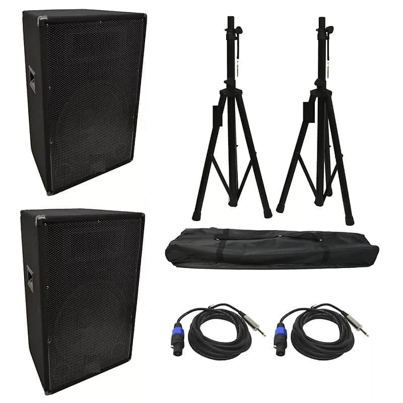 2) Audio DJ 15" 900W PA Speaker Speakon to 1/4" Cables & Stands image 1