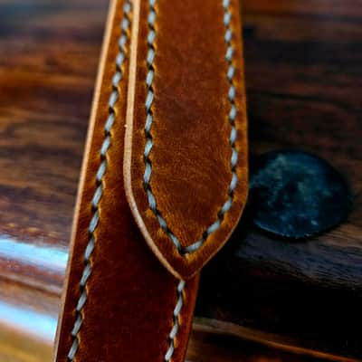 Hand Made, Hand Stitched Guitar strap "Rockatansky" in Burnt Tan & Cream - Vegetable Tanned Leather image 8