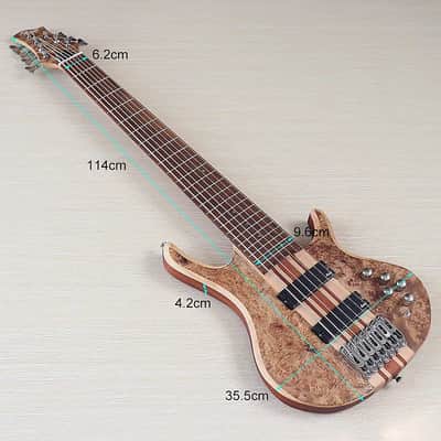 Custom 7 String Electric Bass, Burl Wood Top Body, Maple Neck, 24 Frets Fingerboard Fretboard image 9