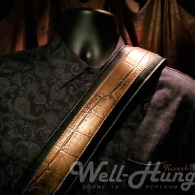 Well-Hung "Lust for Lustre" - 3" wide padded black leather comfort strap with gold reptile image 1