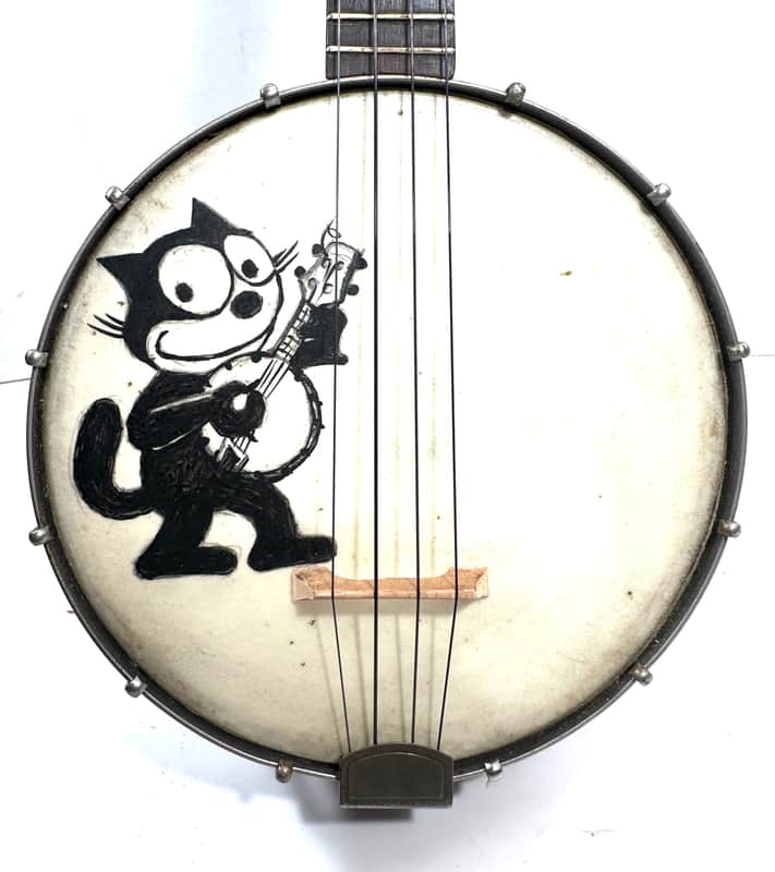 Old Stella painted banjolele banjo uke with art on the head Felix the banjo Cat 1940s - Wood image 1