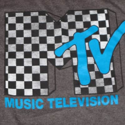 new with hang-tag A+ MTV Checkerboard Logo size Medium (M) Men's Short Sleeve T Shirt, Charcoal Heather Gray, 60% Cotton, 40% Polyester - retro 1980s MTV graphic: checkered black & white with turquoise (style # MTVN0077) image 3