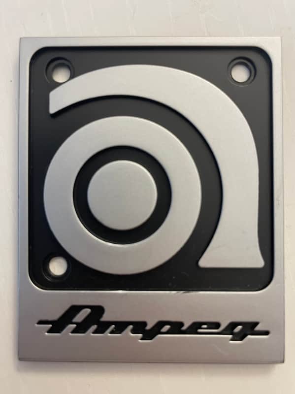 AMPEG logo badge plastic 2 1/4" x 2 3/4" silver/black + screws image 1
