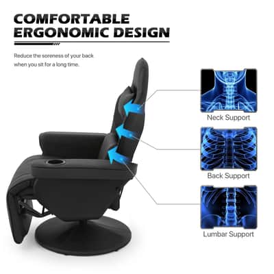 Music Studio Recliner Chair with Lumbar Support, Headrest & Cup Holder – 360° Swivel Producer Seat with Footrest, Adjustable Backrest, PU Leather Finish image 9