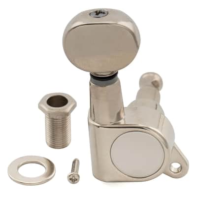 R15J 6-in-line 15:1 Ratio Full Sealed Machine Heads Tuners Tuning Pegs Keys with Vintage Oval Button for Strat Tele Style Electric Guitar, Nickel image 4
