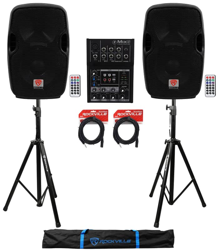 (2) Rockville BPA8 300 Watt 8" Powered Speakers+Mackie Mixer+Stands+Cables+Bag image 1