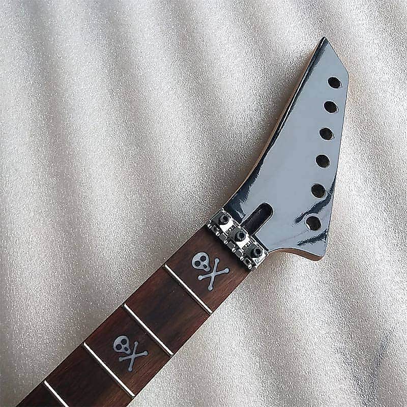 Left Handed Glossy Black Guitar Maple Wood Neck, 24 Frets Rosewood Fingerboard, Skullhead Inlay Stickers image 1