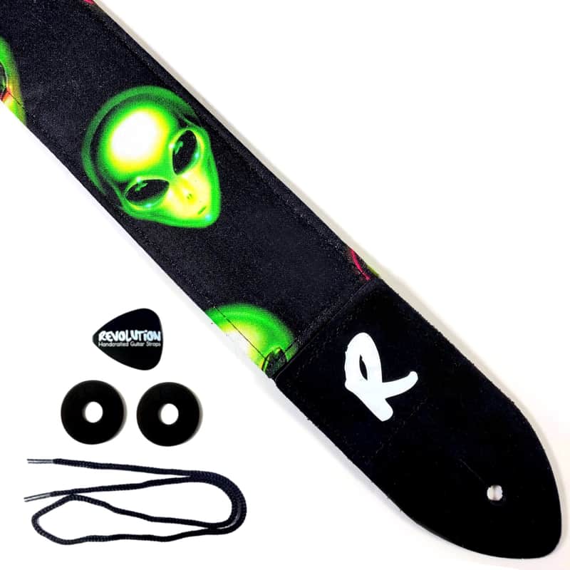 Green Alien Area 51 Guitar Strap - Green Alien on Black Guitar Straps - Area 51 Guitar Strap - Double Padded Comfortable image 1