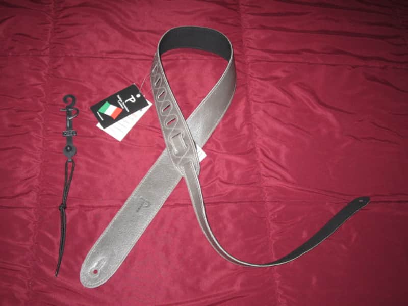 new with tags very near A+ Perri’s Leathers Ltd BM2-NKL 2" Soft Italian Premium Leather Nickel (light gray) / Suede Black Guitar Strap - main side is Nickel Leather / other side is Black Suede (can be reversed) - adjustable length of 35" to about 50" image 1