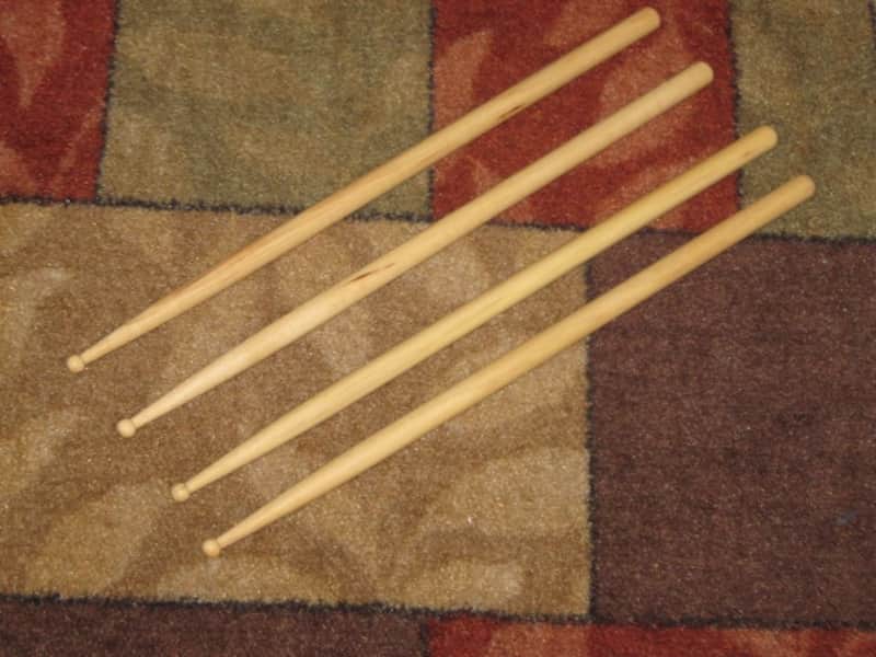 TWO new pairs (no packaging) near A+ Musician's Gear Hickory Drumsticks similar in size & head to Promark Finesse 718: small round tip, Length: 16 1/4" / 412.8mm, Diameter: .551" / 14mm, satin finish (plain, meaning NO graphics / NO paper sleeve) image 1