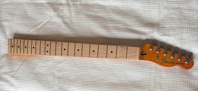 Fender Squire Tele,Telecaster Guitar NECK, CUSTOM UPGRADED to simulate a 60's Neck, with a NEW vintage Nitrocellulose Amber Finish,Kluson style tuners, New Vntage Tele Neck Logo decal image 1