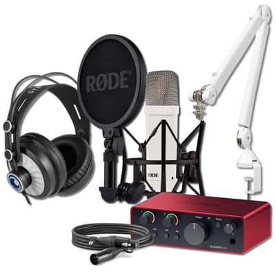 Rode NT1 Signature Series White Cardioid Condenser Microphone Streaming Bundle with Focusrite Scarlett Solo 4th Gen USB-C Audio Interface, Rode PSA1+ White Premium Desktop Boom Arm, and StreamEye Cans50 Closed-Back Studio Headphones image 1