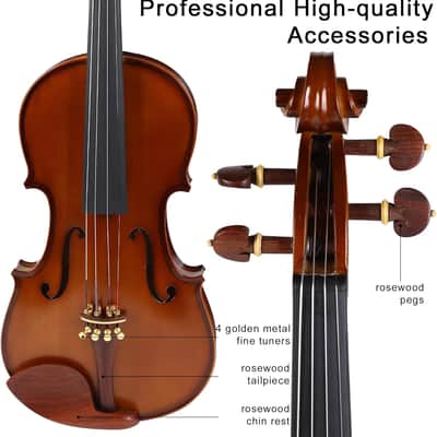 Violin 4/4 Full Size Complete Set for Adults Students,Solid Maple Wood Violins with Rosewood Fittings,Case,Spare strings,Bow, Rosin, Shoulder Rest,Professional Violin image 3