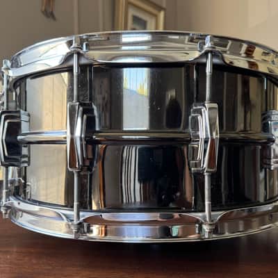 1979 Ludwig Black Beauty Super-Sensitive 6.5x14" 10-Lug Brass Snare Drum with Pointed Blue/Olive Badge 1977 - 1979 - No. 419 Black Nickel-Plated Super Sensitive image 6