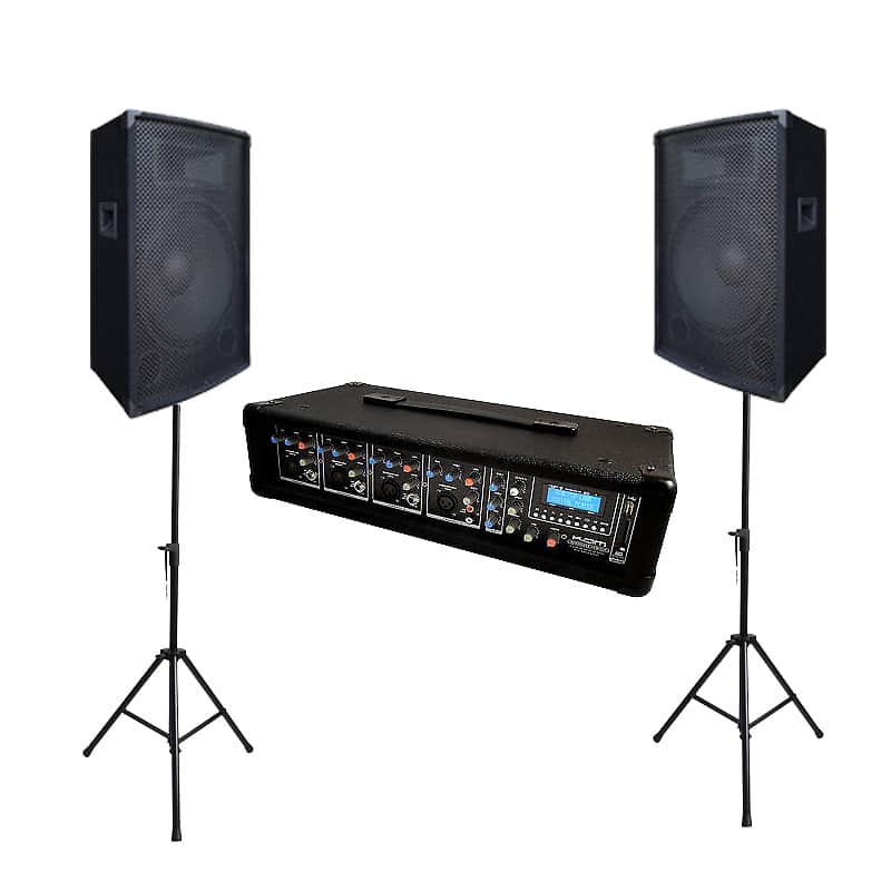 KAM ZP15 2-Way Speakers  w/KAM Powerhead PA 4-CH Amplified Mixer & Stands image 1