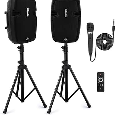 Powered PA Speaker System Active & Passive Bluetooth Loudspeakers Kit with 8 Inch Speakers, Wired Microphone, MP3/USB/SD/AUX Readers, Speaker Stands, Remote Control - Black image 1