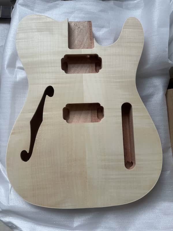 HH Mahogany Wood Guitar Tele Style Body, Tiger Veneer Maple Top, F Hole image 1