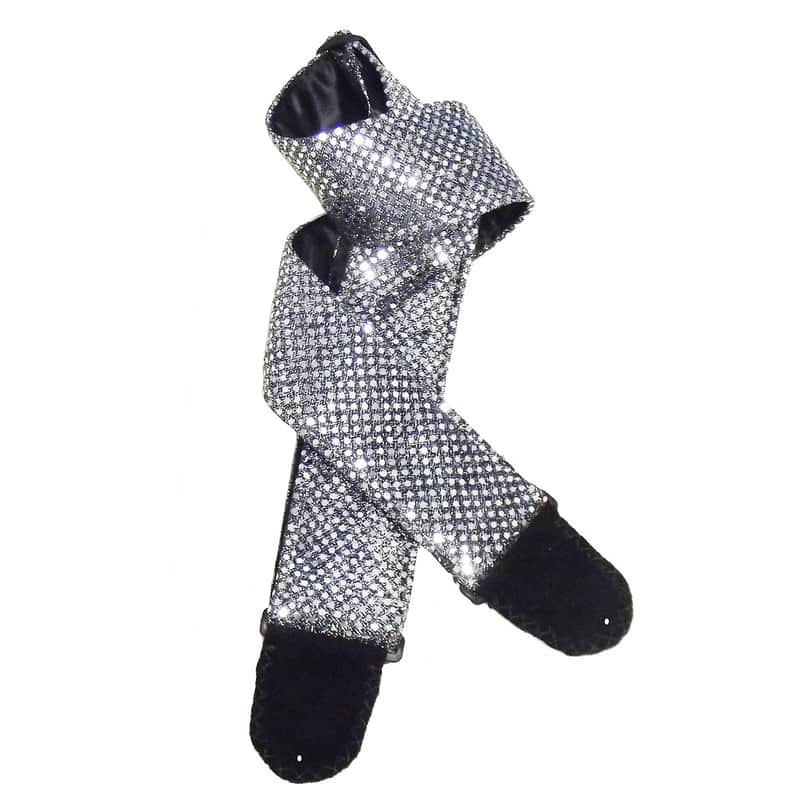 Silver and Black Sequins Sparkling Guitar Strap Artisan Handmade Black Duchess Satin Back Lining image 1