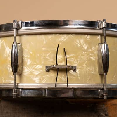 1960s Gretsch 5.5x14 Dixieland White Marine Pearl Snare Drum image 5