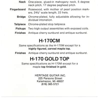 Heritage Guitars- H-170 CM, promotional print/cut sheet, 1988 image 2