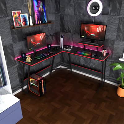 L-Shaped Music Producer Desk – Corner Computer Workstation with Raised Monitor Stand & Large Desktop image 2