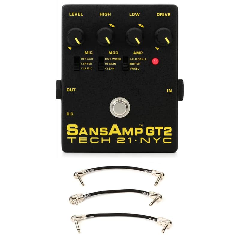 Tech 21 SansAmp GT2 Tube Amp Emulator Pedal with 3 Patch Cables image 1