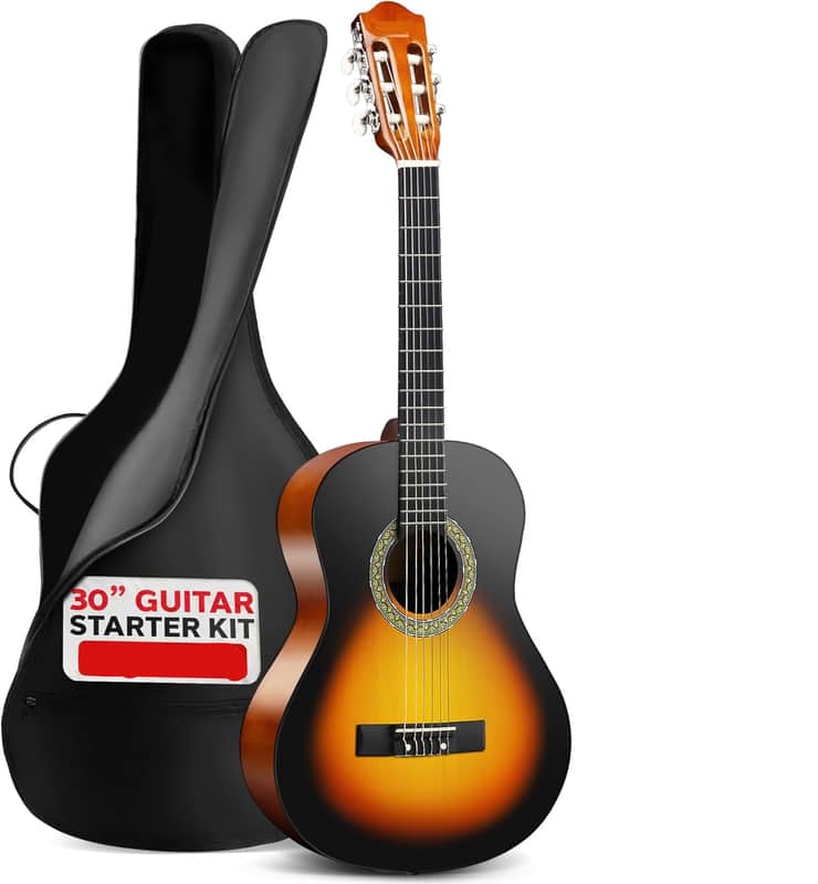 Beginner Acoustic Guitar Kit, 1/4 Junior Size All Wood Instrument for Kids, Adults, 30" Sunburst Teardrop Matte image 1