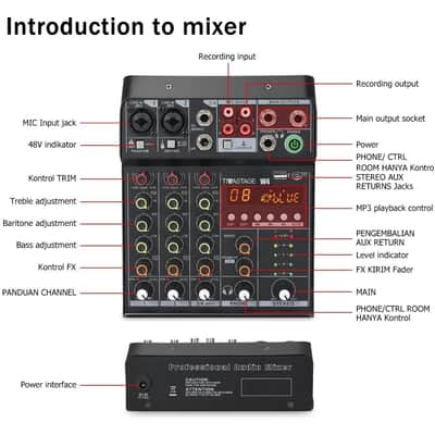 Audio Mixer Audio console Mini4 Portable 4-Channel DJ Mixer Console, Sound Mixing Board with USB BT image 3