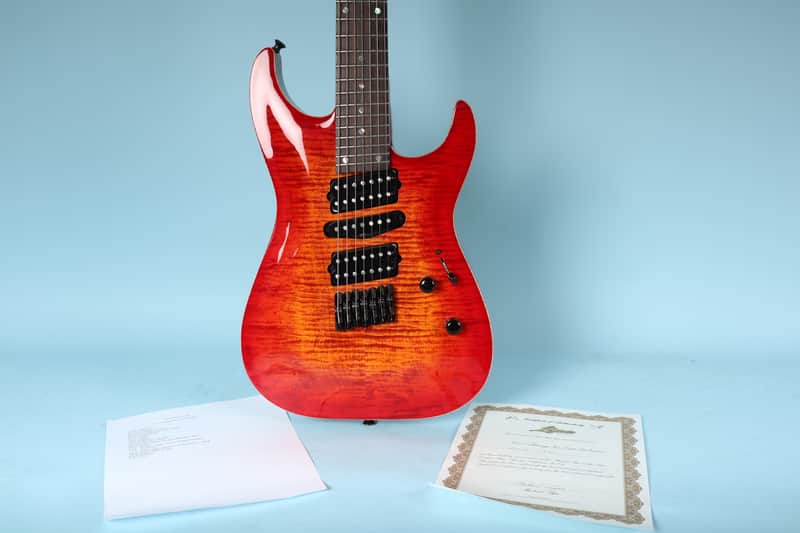 Lipe Virtuoso 7 Fanned Fret Curly Maple Seven String Electric Guitar Fireburst image 1