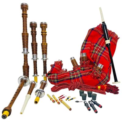 Scottish Highland Bagpipes – Full Silver Mounts, Natural Rosewood Finish with Royal Stewart Cover, Carry Bag & Tutor Book image 2
