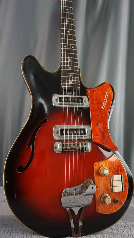 Vintage 1960s Teisco Semi-Hollow Electric Guitar Sunburst MIJ Gold Foil Pickups w/ Case – Refret image 1