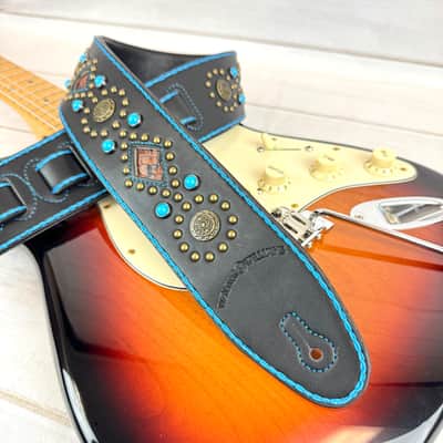Walker & Williams GTR-20-BLU Sedona Special Turquoise Blue On Black Padded Strap With Brass Studs & Rivets For Acoustic Electric And Bass Guitars image 2