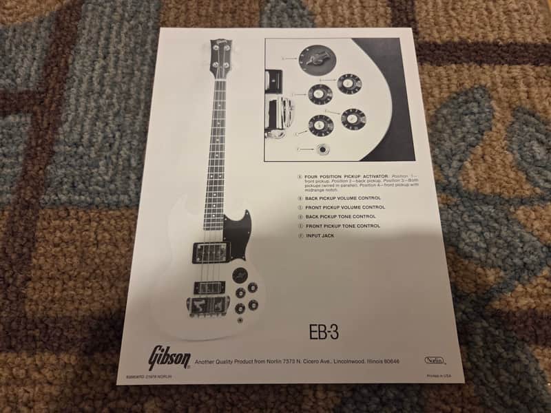 Vintage 1978 Gibson EB-3 Bass Control Layout Spec. Sheet! Rare, Original Case Candy, Paperwork!