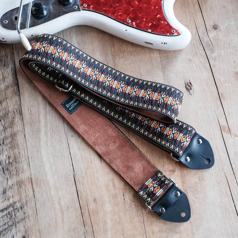 Vintage Black 60s/70s Hippie Guitar Strap / Real Suede Backing / Handmade in the UK image 1