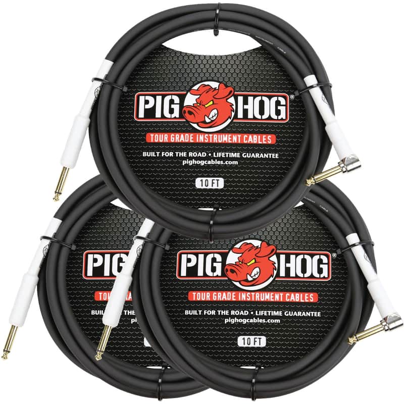 3 Pack Pig Hog PH10R Tour Grade 1/4" TS Straight to Right Angle Instrument Cable - 10' image 1