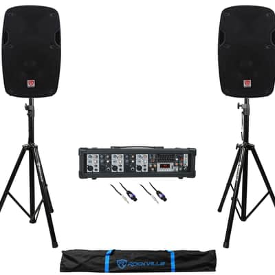 (2) Rockville SPG88 8" 400w DJ PA Speakers+5-Channel Powered Mixer+Stands+Cables image 1