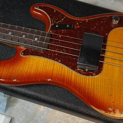 NEW! Fender Artisan Flame Maple Top Precision Bass Relic - Custom Shop - Aged Cherry Sunburst - Absolutely Beautiful - Flamed Roasted Maple Neck - Authorized Dealer - 9.3lbs - G06781 image 9
