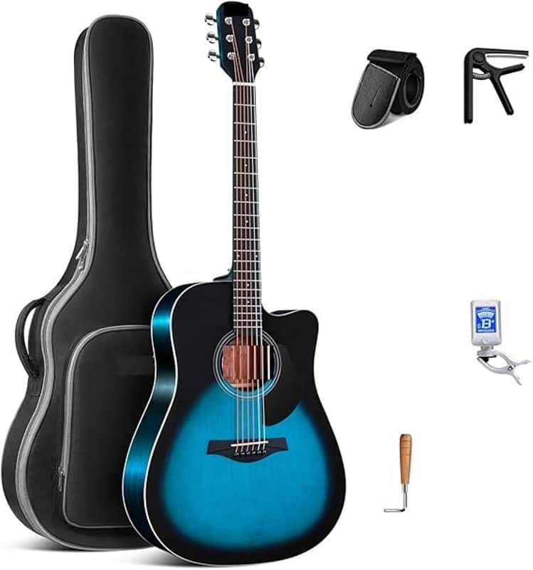 Solid Top Dreadnought Acoustic Guitar 41 Inches Spruce Guitar Beginner Bundle with Book, Padded Bag, Strings, Picks, Hexwrench, Strap, Polishing Cloth, Blue image 1