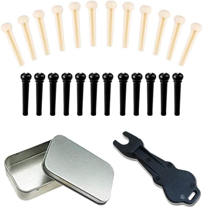 Acoustic Guitar Bridge Pins Set | Ivory and Black Bridge Pegs with Pin Puller Tool | Guitar Replacement Parts image 1