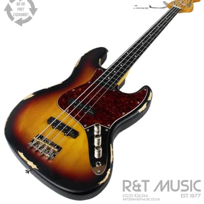 Vintage V74 Icon Fretless Bass Guitar in Distressed Sunset Sunburst w/Upgraded Pickguard image 1