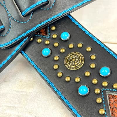 Walker & Williams GTR-20-BLU Sedona Special Turquoise Blue On Black Padded Strap With Brass Studs & Rivets For Acoustic Electric And Bass Guitars image 7