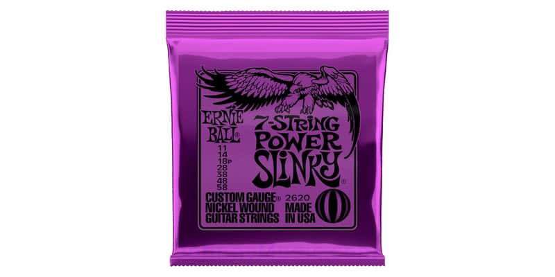 Power Slinky 7-String Ni-Wnd Elect-Guitar Strings 11-58 Gauge Set - Ni-plated wrap over hex-shape steel core; specially tempered tin-pltd plains image 1