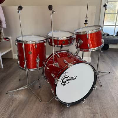 Gretsch  1962 Era Round Badge Progressive Jazz Bop Drum Set 18 Inch Bass Drum Tangerine Glass Glitter image 1