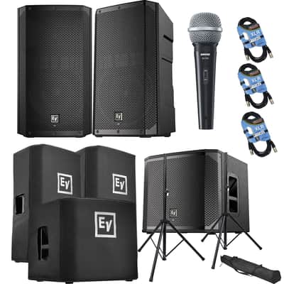 (2) Electro-Voice ELX200-12P, EV ELX200-12SP, (2) ELX200-12P Covers, ELX200-12SP Cover, (2) Speaker Stands, SV100 Mic, (3) XLR Cables Bundle image 1