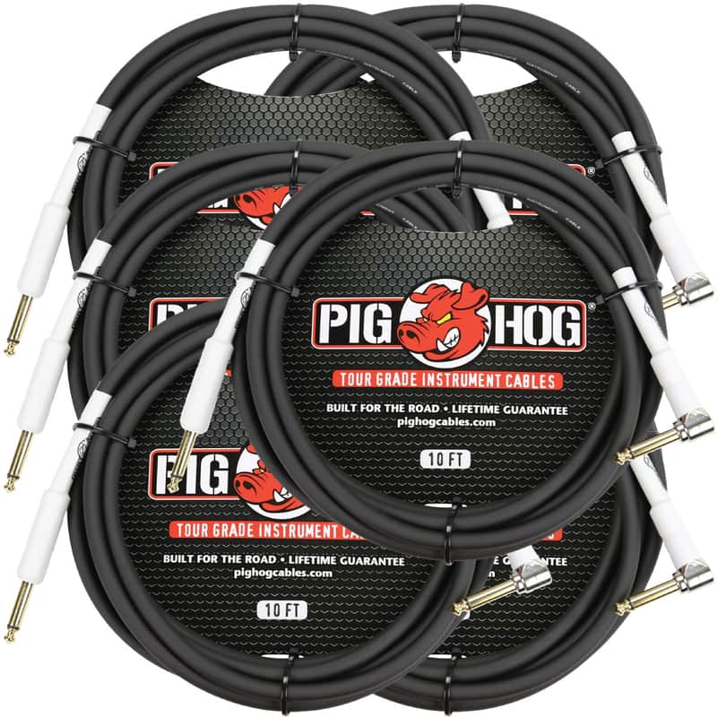 6 Pack Pig Hog PH10R Tour Grade 1/4" TS Straight to Right Angle Instrument Cable - 10' image 1